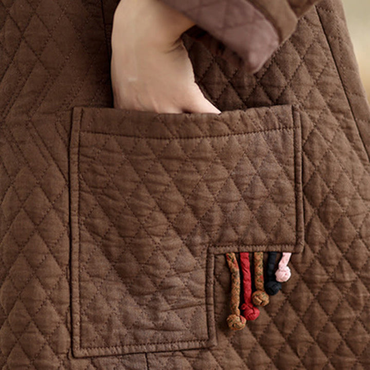 Cappotto da donna in cotone di media lunghezza con motivo a rombi e tasche Buddha Stones - image 19