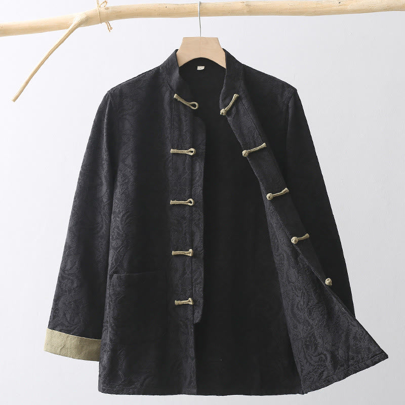 Giacca da uomo a maniche lunghe in cotone con bottoni a rana e tasche , Buddha Stones Spring Jacquard - Nero - US/UK/AU44, EU54 (4XL) - image 0