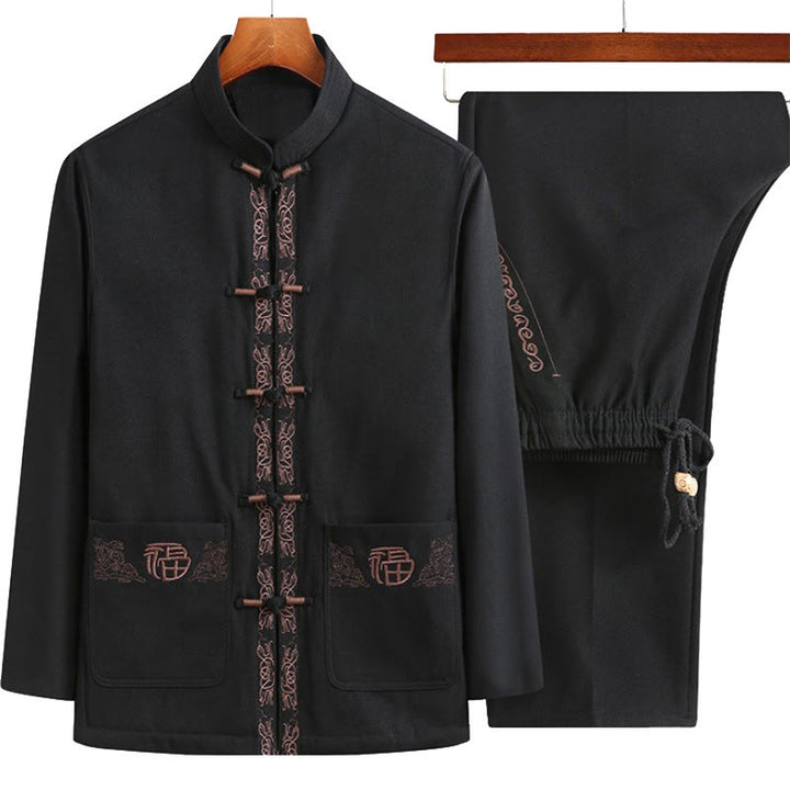 Giacca a maniche lunghe e pantaloni da uomo con ricamo del personaggio Fu e bottoni a rana, ispirati Buddha Stones. - Giacca nera + pantaloni neri - US/UK/AU44, EU54 (4XL) - image 0