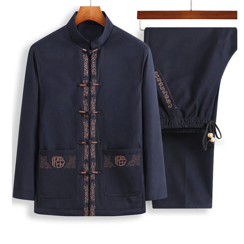 Giacca, camicia e pantaloni a maniche lunghe da uomo con bottoni a rana, ricamo del personaggio Fu Buddha Stones - Giacca blu acciaio + pantaloni neri - US/UK/AU44, EU54 (4XL) - image 5