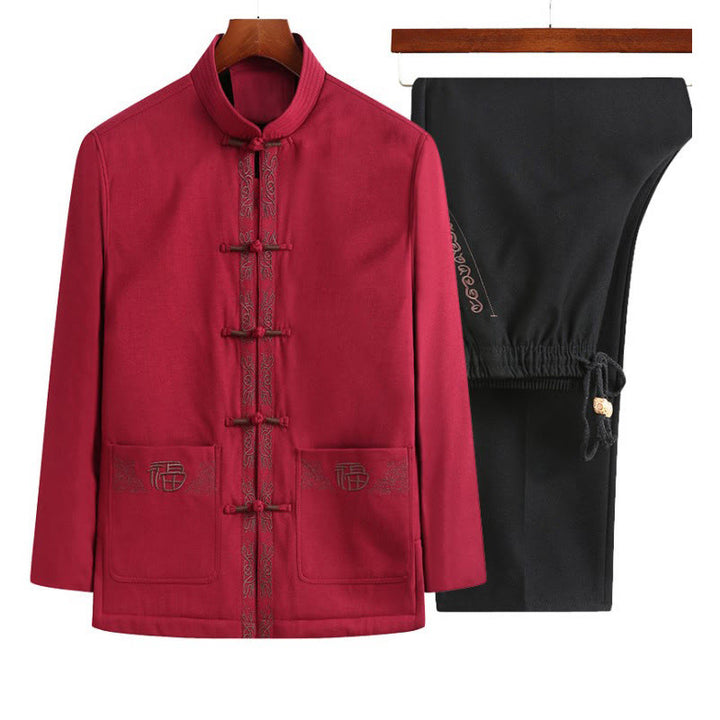 Giacca, camicia e pantaloni a maniche lunghe da uomo con bottoni a rana, ricamo del personaggio Fu Buddha Stones - Giacca rossa + pantaloni neri - US/UK/AU44, EU54 (4XL) - image 7