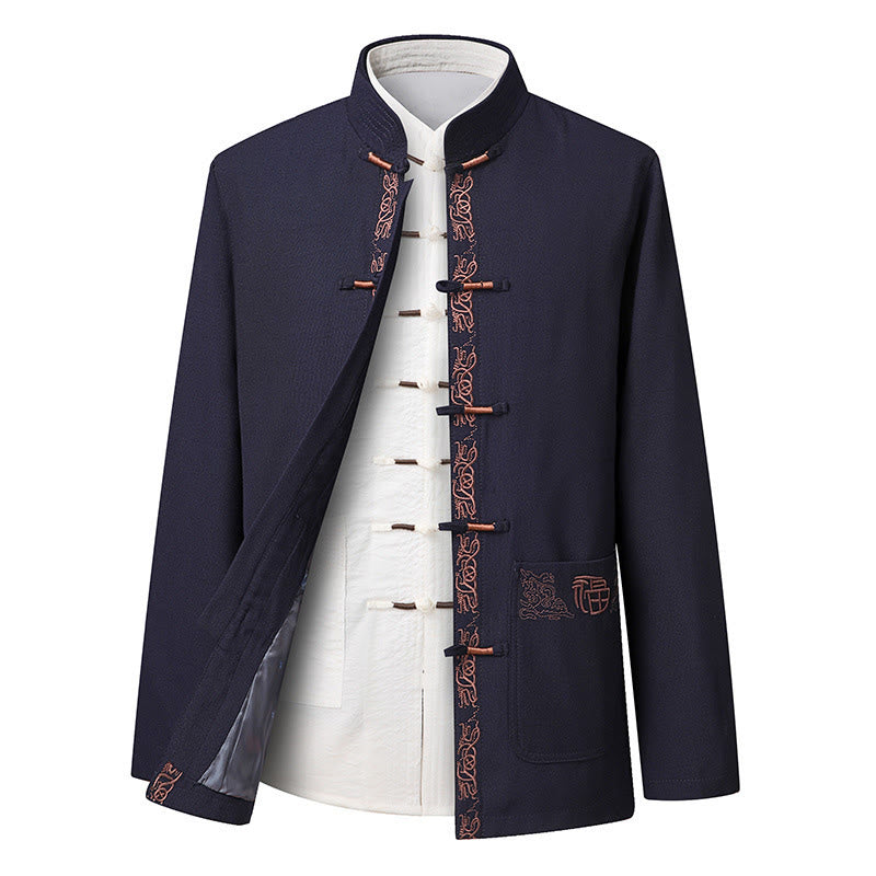 Giacca a maniche lunghe e pantaloni da uomo con ricamo del personaggio Fu e bottoni a rana, ispirati Buddha Stones. - Giacca SteelBlue (solo giacca) - US/UK/AU44, EU54 (4XL) - image 9