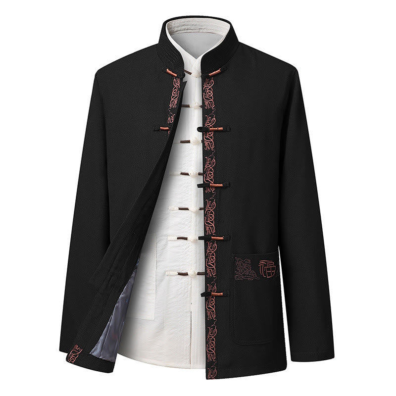 Giacca a maniche lunghe e pantaloni da uomo con ricamo del personaggio Fu e bottoni a rana, ispirati Buddha Stones. - Giacca nera (solo giacca) - US/UK/AU44, EU54 (4XL) - image 8