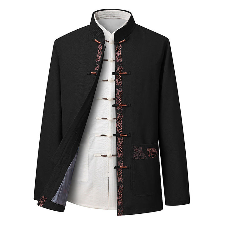 Giacca a maniche lunghe e pantaloni da uomo con ricamo del personaggio Fu e bottoni a rana, ispirati Buddha Stones. - Giacca nera (solo giacca) - US/UK/AU44, EU54 (4XL) - image 8