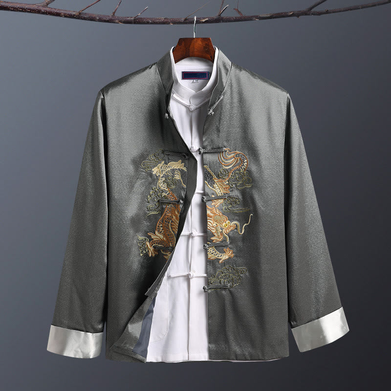 Giacca da uomo a maniche lunghe con bottoni a rana e ricamo drago, primavera-autunno , Buddha Stones - Un drago grigio - US/UK/AU42, EU52 (3XL) - image 0