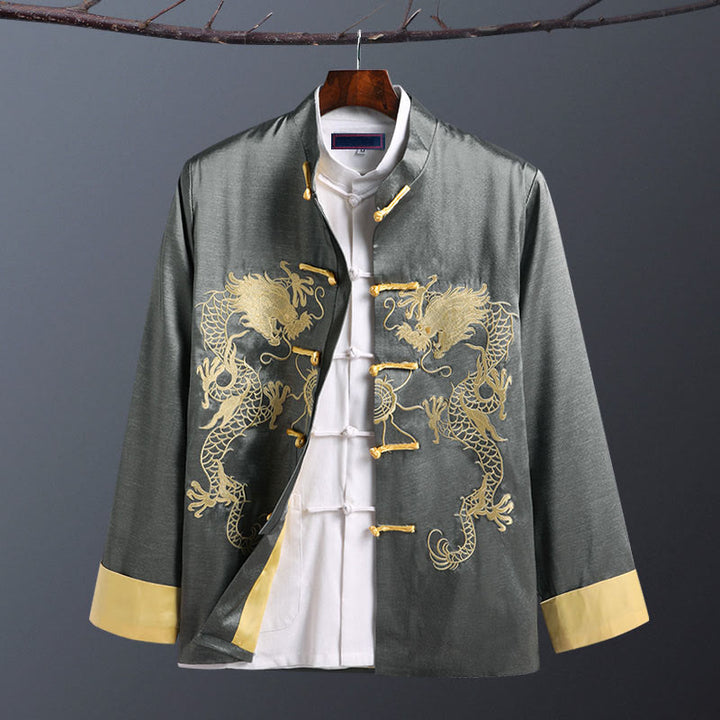 Giacca da uomo a maniche lunghe con bottoni a rana e ricamo drago, primavera-autunno , Buddha Stones - Doppio Drago Grigio - US/UK/AU42, EU52 (3XL) - image 9