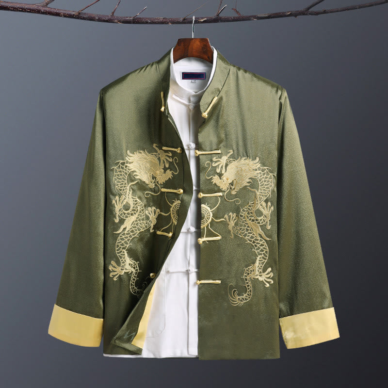 Giacca da uomo a maniche lunghe con bottoni a rana e ricamo drago, primavera-autunno , Buddha Stones - Doppio Drago Verde - US/UK/AU42, EU52 (3XL) - image 11