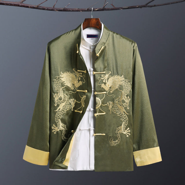 Giacca da uomo a maniche lunghe con bottoni a rana e ricamo drago, primavera-autunno , Buddha Stones - Doppio Drago Verde - US/UK/AU42, EU52 (3XL) - image 11