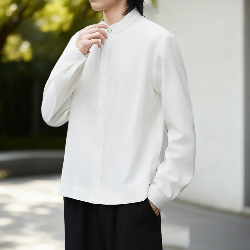 Camicia da uomo in lino e cotone a maniche lunghe, in velluto a coste, con motivo Buddha Stones Fall, tinta unita, bianca - image 5