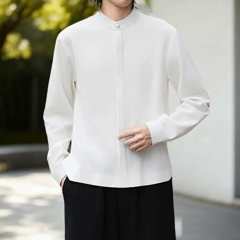 Camicia da uomo in lino e cotone a maniche lunghe, in velluto a coste, con motivo Buddha Stones Fall, tinta unita, bianca - image 7