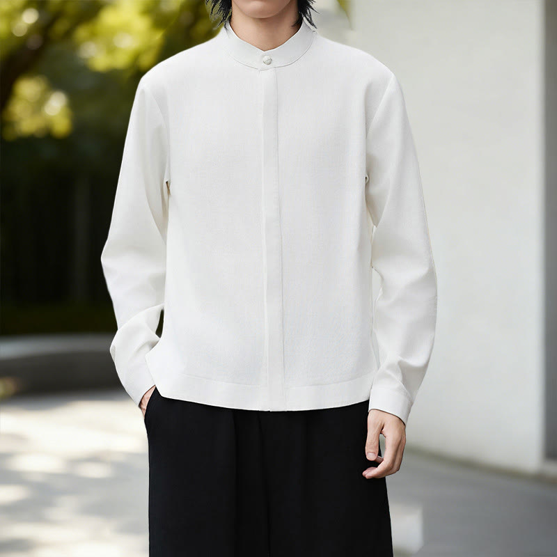 Camicia da uomo a maniche lunghe in cotone e lino, tinta unita bianca, con stampa Buddha Stones Fall. - image 1