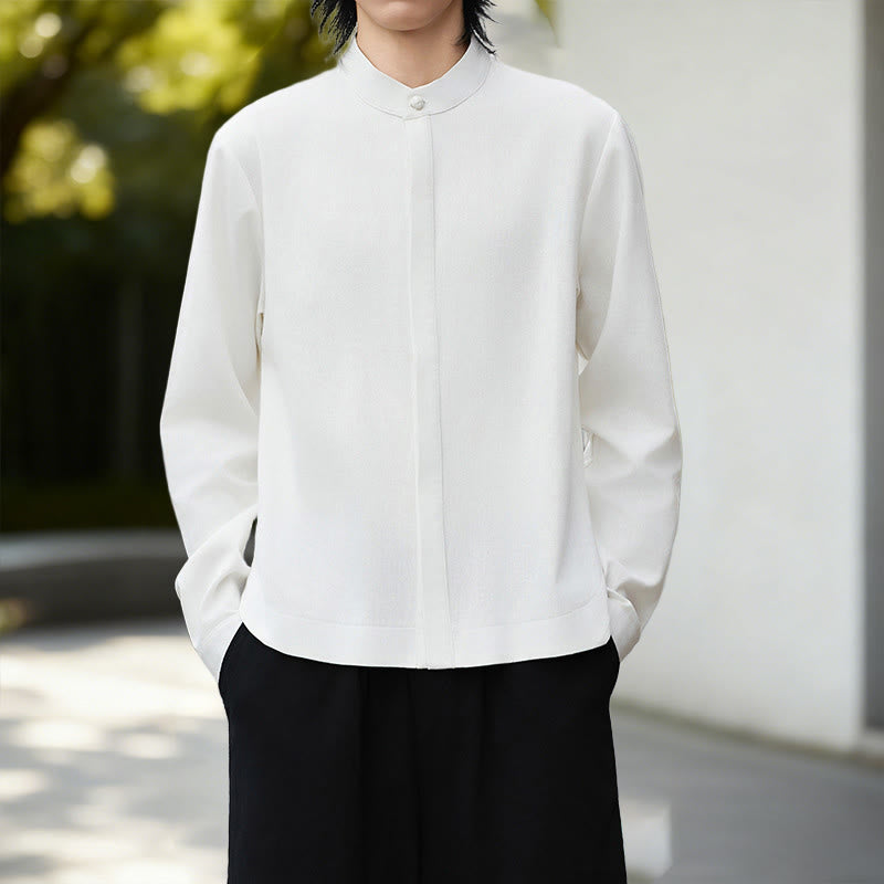 Camicia da uomo in lino e cotone a maniche lunghe, in velluto a coste, con motivo Buddha Stones Fall, tinta unita, bianca - image 4