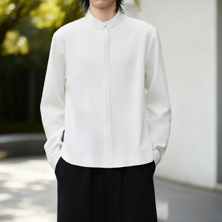 Camicia da uomo in lino e cotone a maniche lunghe, in velluto a coste, con motivo Buddha Stones Fall, tinta unita, bianca - image 4