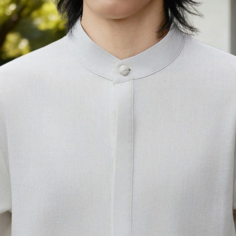 Camicia da uomo a maniche lunghe in cotone e lino, tinta unita bianca, con stampa Buddha Stones Fall. - image 8