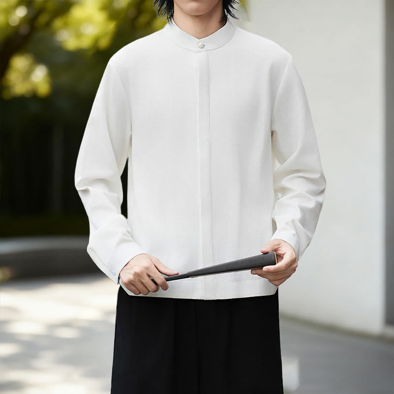 Camicia da uomo a maniche lunghe in cotone e lino, tinta unita bianca, con stampa Buddha Stones Fall. - Camicia bianca - US/UK/AU46, EU56 (5XL) - image 0