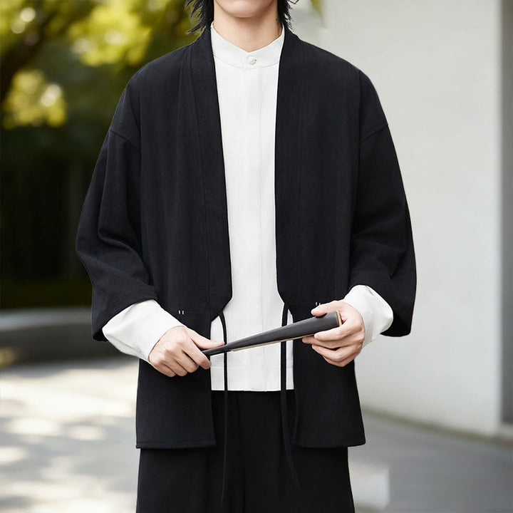 Giacca in velluto a coste a maniche lunghe con apertura frontale e tinta unita Buddha Stones, camicia kimono in cotone e lino da uomo - Kimono nero - US/UK/AU46, EU56 (5XL) - image 0