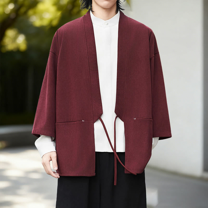 Giacca in velluto a coste a maniche lunghe con apertura frontale e tinta unita Buddha Stones, camicia kimono in cotone e lino da uomo - Kimono rosso scuro - US/UK/AU46, EU56 (5XL) - image 7