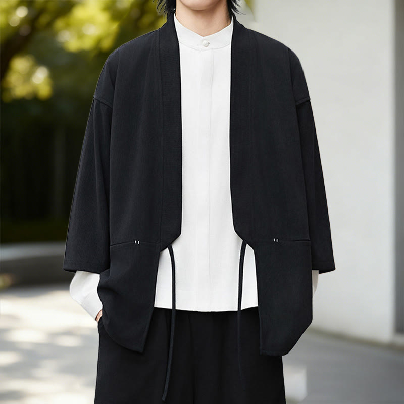 Giacca in velluto a coste a maniche lunghe con apertura frontale e tinta unita Buddha Stones, camicia kimono in cotone e lino da uomo - image 1