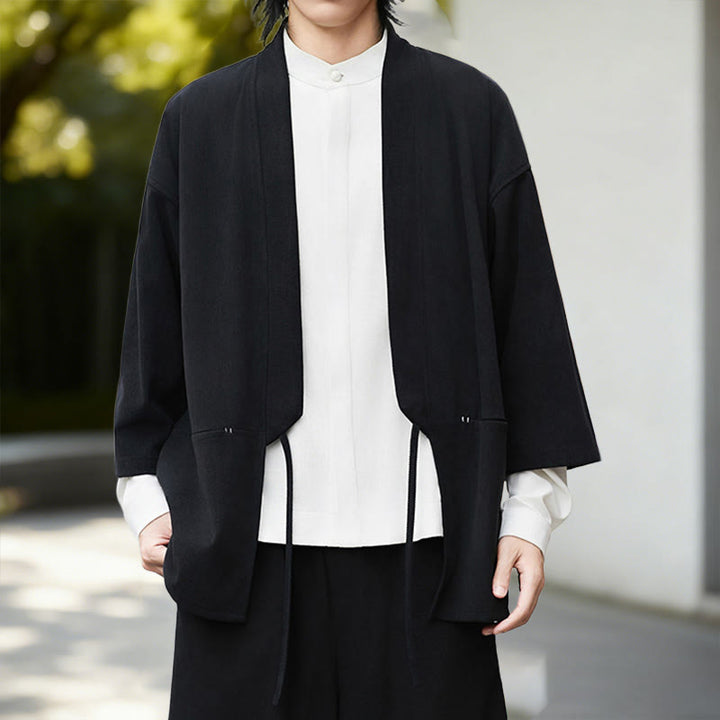 Giacca in velluto a coste a maniche lunghe con apertura frontale e tinta unita Buddha Stones, camicia kimono in cotone e lino da uomo - image 5