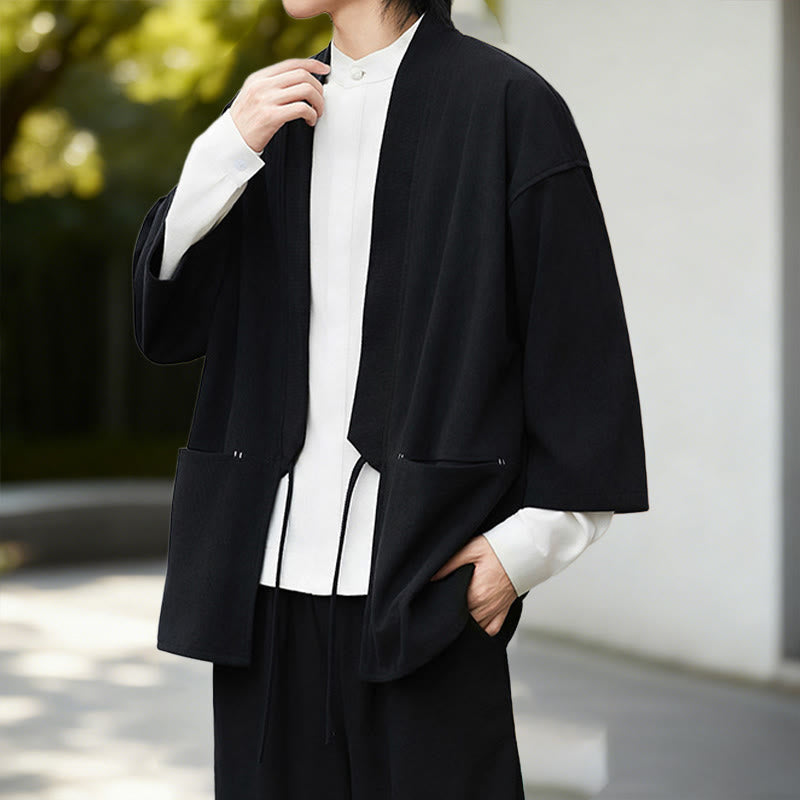 Giacca in velluto a coste a maniche lunghe con apertura frontale e tinta unita Buddha Stones, camicia kimono in cotone e lino da uomo - image 4