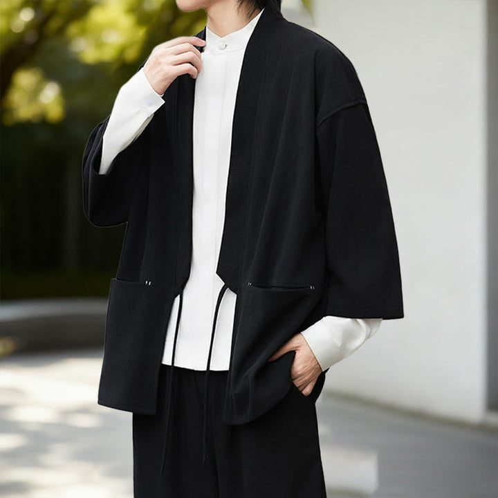 Giacca in velluto a coste a maniche lunghe con apertura frontale e tinta unita Buddha Stones, camicia kimono in cotone e lino da uomo - image 4