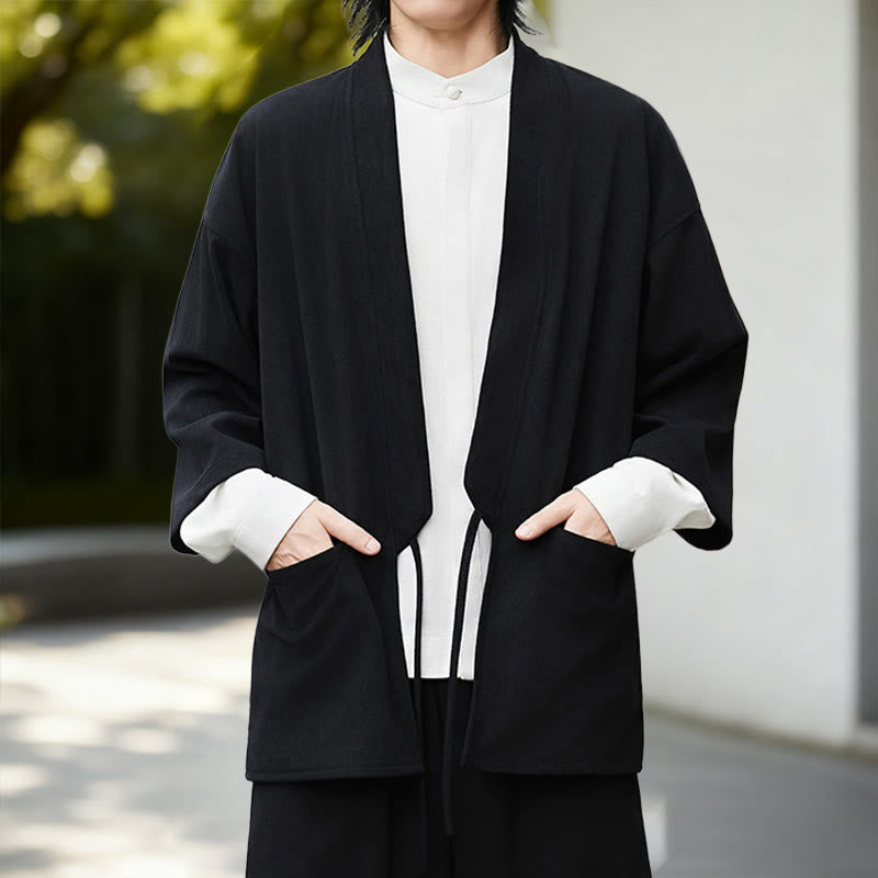 Giacca in velluto a coste a maniche lunghe con apertura frontale e tinta unita Buddha Stones, camicia kimono in cotone e lino da uomo - image 6