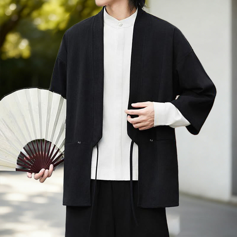 Giacca in velluto a coste a maniche lunghe con apertura frontale e tinta unita Buddha Stones, camicia kimono in cotone e lino da uomo - image 2