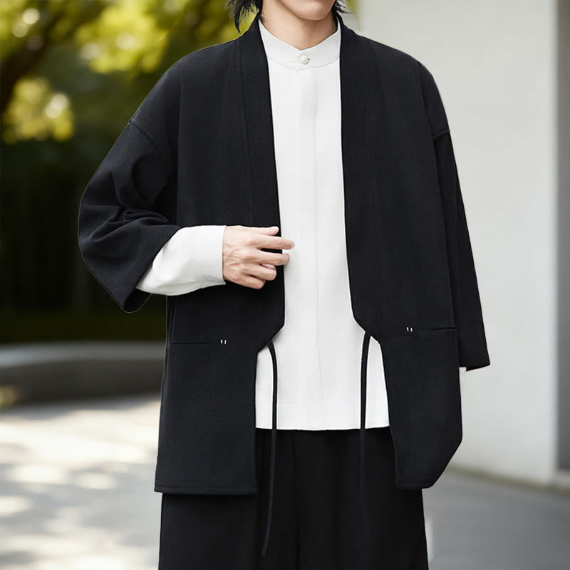 Giacca in velluto a coste a maniche lunghe con apertura frontale e tinta unita Buddha Stones, camicia kimono in cotone e lino da uomo - image 3