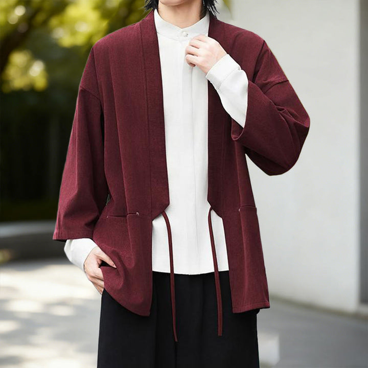 Giacca in velluto a coste a maniche lunghe con apertura frontale e tinta unita Buddha Stones, camicia kimono in cotone e lino da uomo - image 8