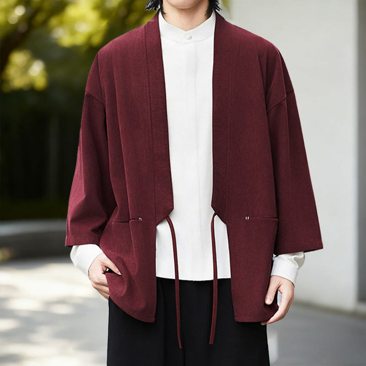 Giacca in velluto a coste a maniche lunghe con apertura frontale e tinta unita Buddha Stones, camicia kimono in cotone e lino da uomo - image 9