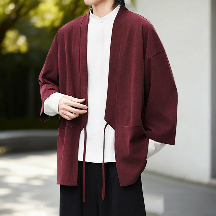 Giacca in velluto a coste a maniche lunghe con apertura frontale e tinta unita Buddha Stones, camicia kimono in cotone e lino da uomo - image 10