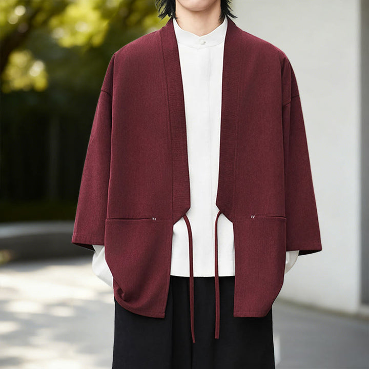 Giacca in velluto a coste a maniche lunghe con apertura frontale e tinta unita Buddha Stones, camicia kimono in cotone e lino da uomo - image 14