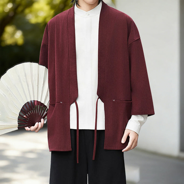 Giacca in velluto a coste a maniche lunghe con apertura frontale e tinta unita Buddha Stones, camicia kimono in cotone e lino da uomo - image 12