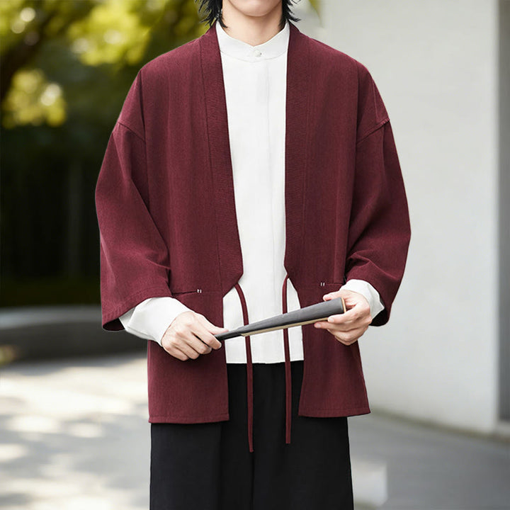 Giacca in velluto a coste a maniche lunghe con apertura frontale e tinta unita Buddha Stones, camicia kimono in cotone e lino da uomo - image 11