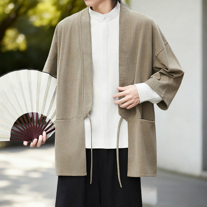 Giacca in velluto a coste a maniche lunghe con apertura frontale e tinta unita Buddha Stones, camicia kimono in cotone e lino da uomo - image 16