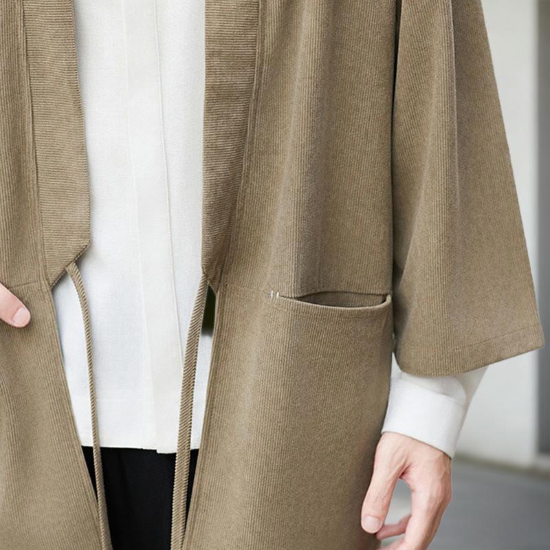 Giacca in velluto a coste a maniche lunghe con apertura frontale e tinta unita Buddha Stones, camicia kimono in cotone e lino da uomo - image 22