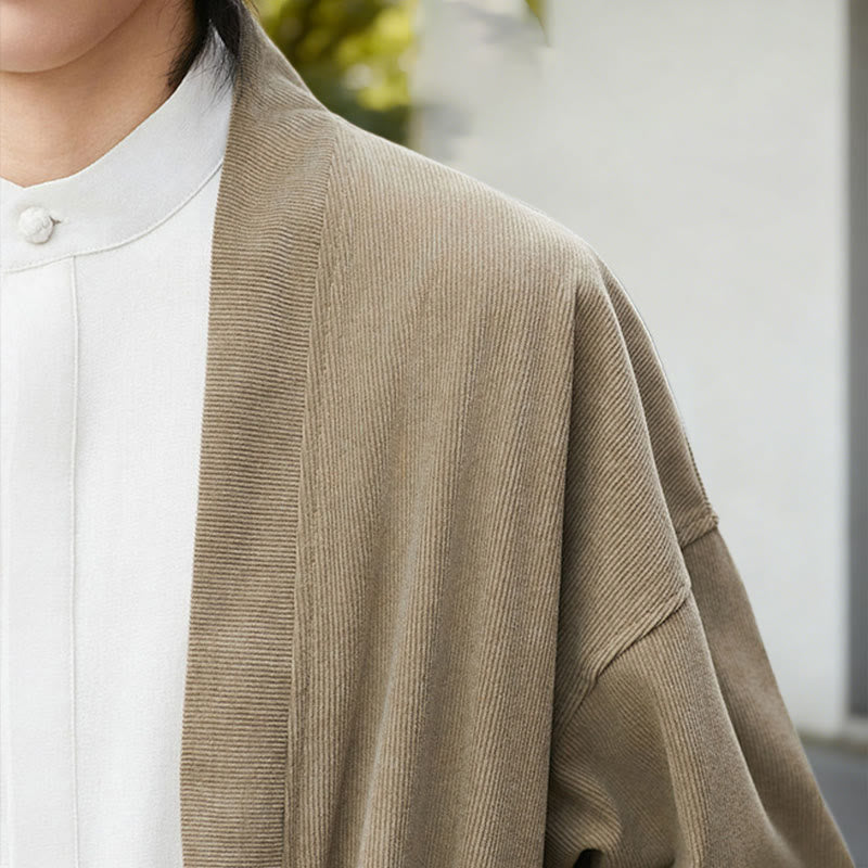 Giacca in velluto a coste a maniche lunghe con apertura frontale e tinta unita Buddha Stones, camicia kimono in cotone e lino da uomo - image 21