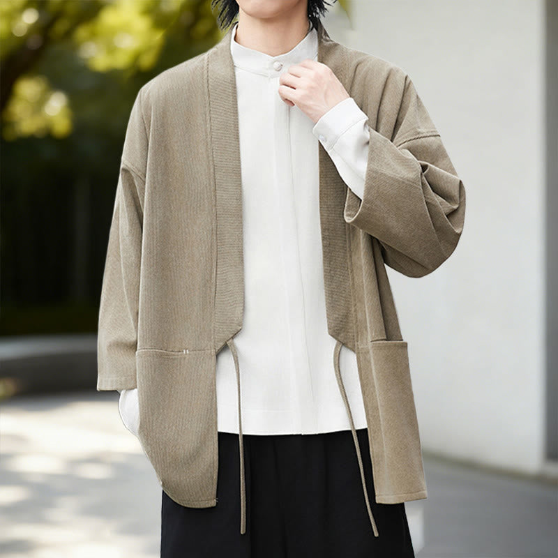 Giacca in velluto a coste a maniche lunghe con apertura frontale e tinta unita Buddha Stones, camicia kimono in cotone e lino da uomo - image 17