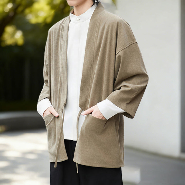 Giacca in velluto a coste a maniche lunghe con apertura frontale e tinta unita Buddha Stones, camicia kimono in cotone e lino da uomo - image 20
