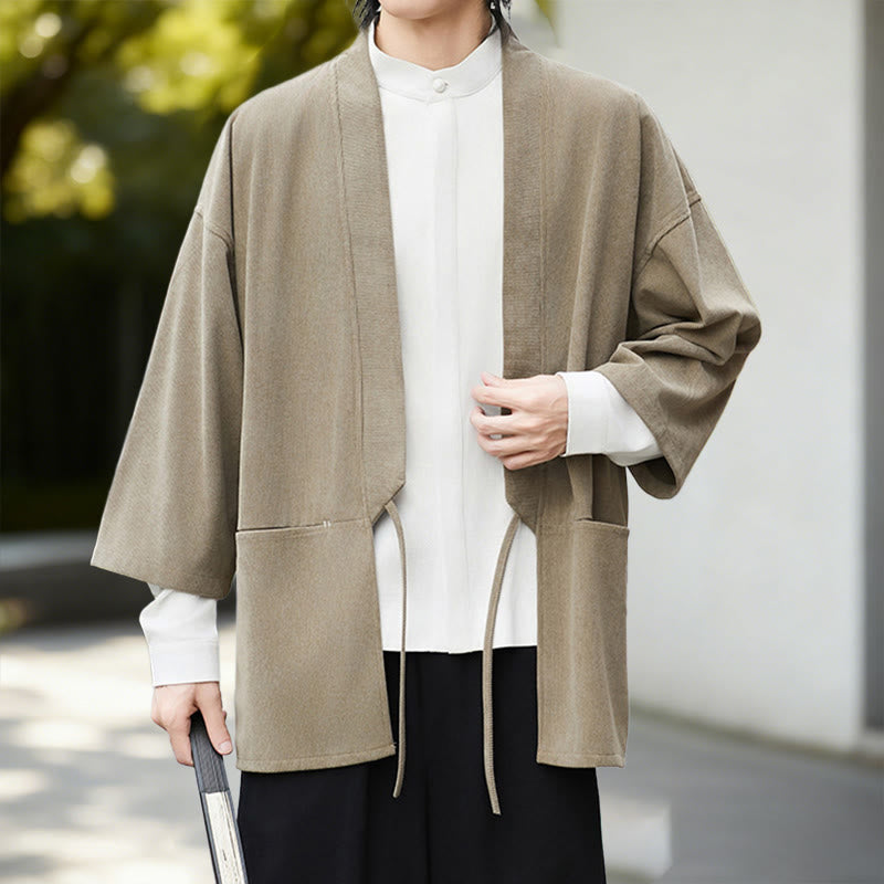 Giacca in velluto a coste a maniche lunghe con apertura frontale e tinta unita Buddha Stones, camicia kimono in cotone e lino da uomo - image 19