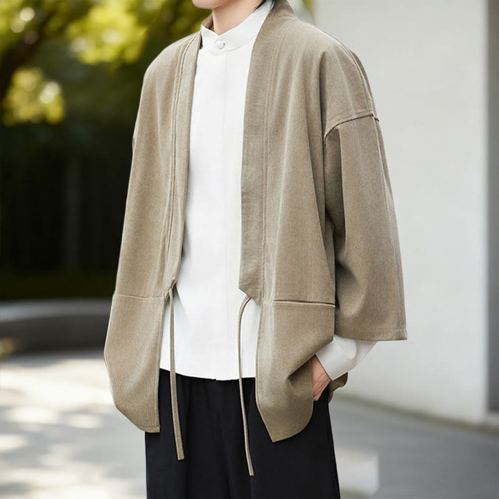 Giacca in velluto a coste a maniche lunghe con apertura frontale e tinta unita Buddha Stones, camicia kimono in cotone e lino da uomo - image 18