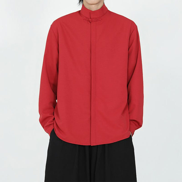 Camicia da uomo in cotone a maniche lunghe con un bottone e motivo Buddha Stones, tinta unita - Rosso - US/UK/AU46, EU56 (5XL) - image 10