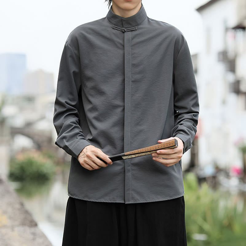 Camicia da uomo in cotone a maniche lunghe con un bottone e motivo Buddha Stones, tinta unita - image 1