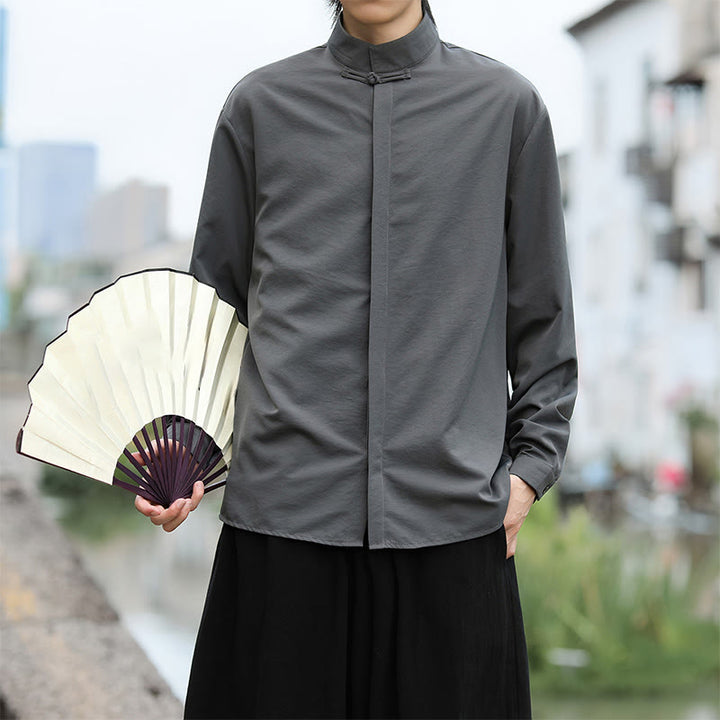 Camicia da uomo in cotone a maniche lunghe con un bottone e motivo Buddha Stones, tinta unita - image 4