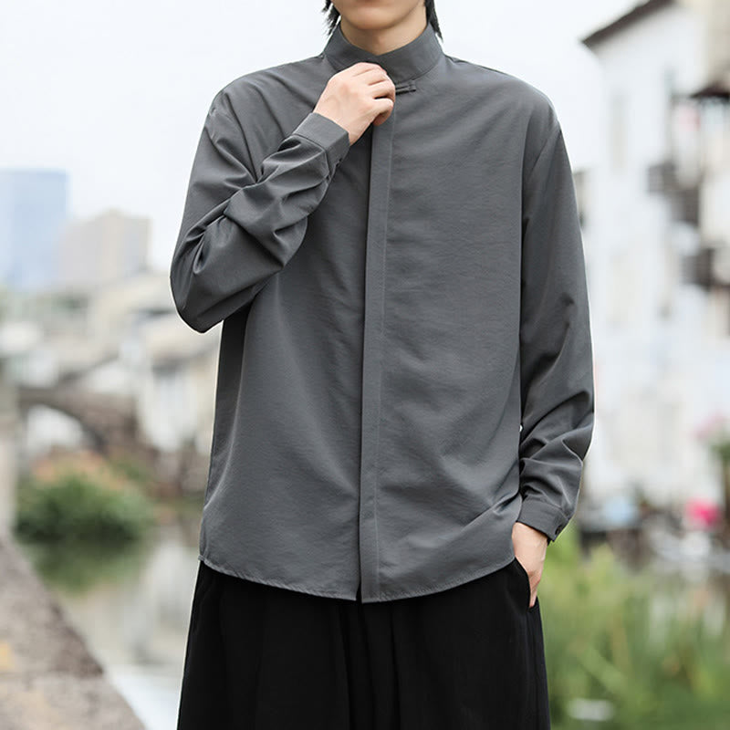 Camicia da uomo in cotone a maniche lunghe con un bottone e motivo Buddha Stones, tinta unita - image 2