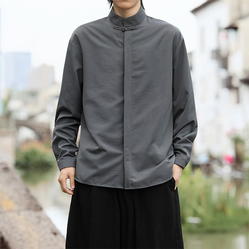 Camicia da uomo in cotone a maniche lunghe con un bottone e motivo Buddha Stones, tinta unita - image 3