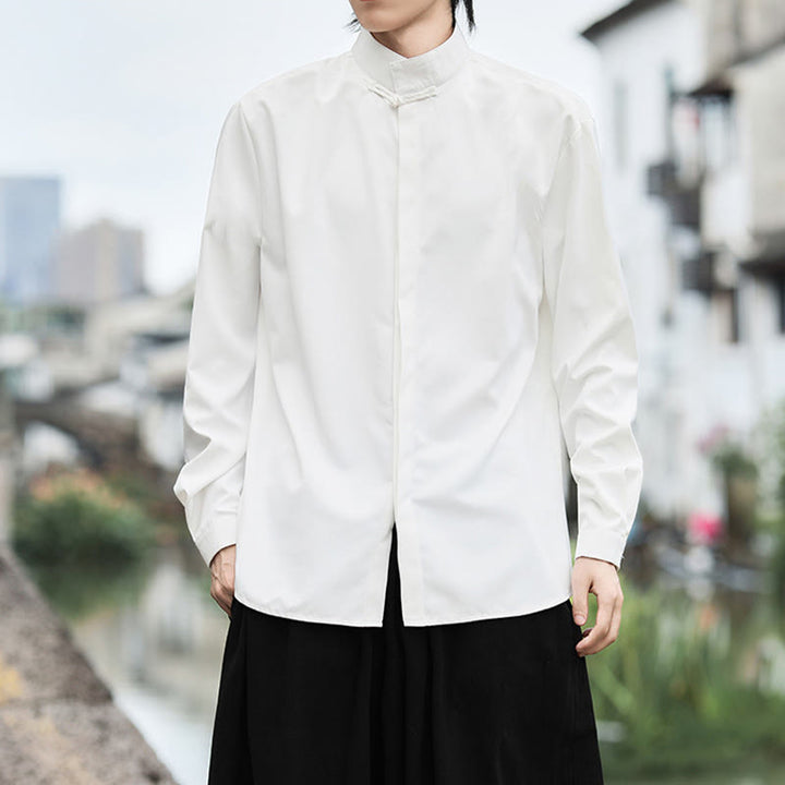 Camicia da uomo in cotone a maniche lunghe con un bottone e motivo Buddha Stones, tinta unita - image 7