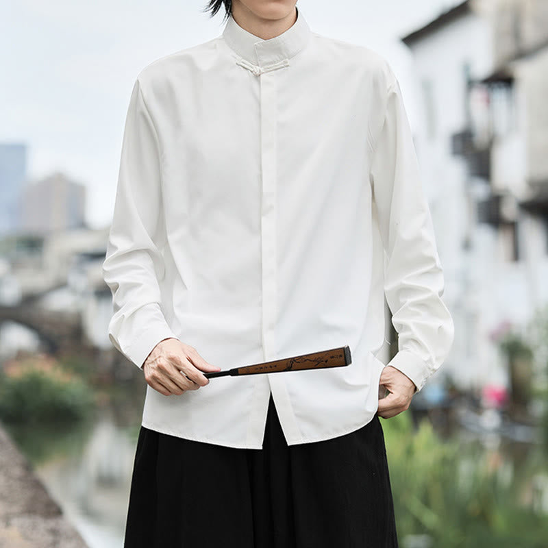 Camicia da uomo in cotone a maniche lunghe con un bottone e motivo Buddha Stones, tinta unita - image 8