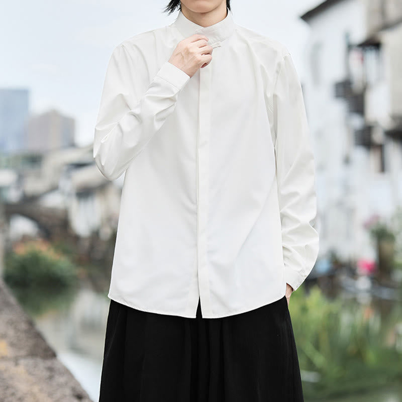 Camicia da uomo in cotone a maniche lunghe con un bottone e motivo Buddha Stones, tinta unita - image 6