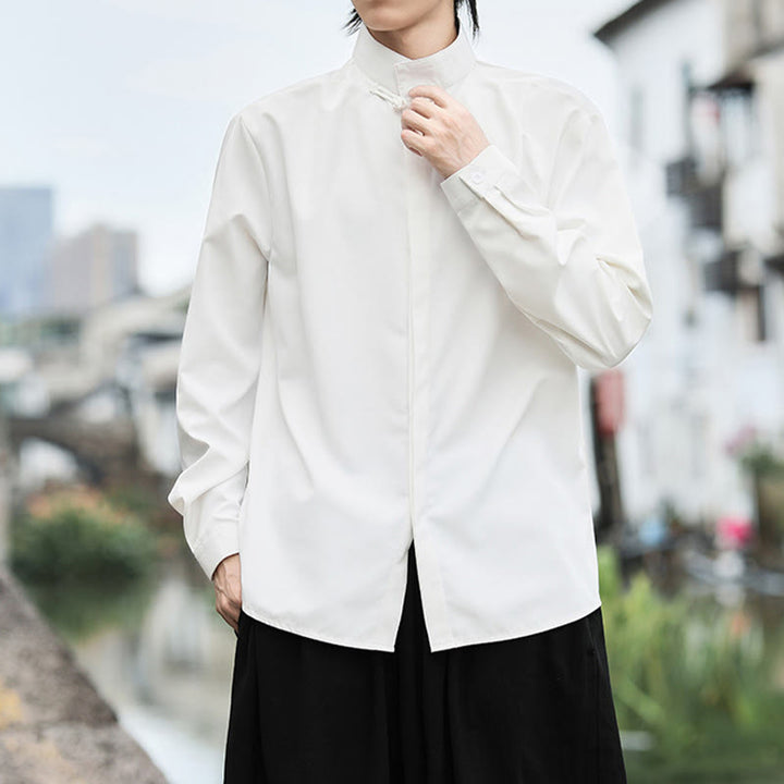 Camicia da uomo in cotone a maniche lunghe con un bottone e motivo Buddha Stones, tinta unita - image 9